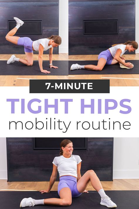 Release tight hips with this guided routine - the best hip mobility exercises for strong, pain-free hips. Increase flexibility and range of motion, reduce muscle tightness and pain, and improve athletic performance with this quick hip mobility routine. This guided mobility routine is a combination of the best hip stretches and hip strengthening exercises. Both releasing tight muscles, and strengthening the small stabilizing muscles surrounding the hips. Daily Hip Stretches, Right Hip Stretches, Mobility Exercises Hip, Small Muscle Exercises, Best Hip Flexor Stretches, Daily Hip Mobility, Hip Mobility For Runners, Workouts For Hip Strength, Hip Release Yoga