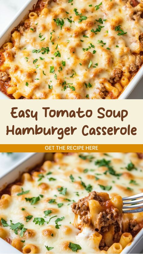 Looking for a comforting and delicious dinner idea? Try this easy hamburger casserole recipe that will satisfy your cravings. It's the perfect combination of ground beef, pasta, cheese, and tomato soup - simply irresistible! This hearty casserole is great for busy weeknights or lazy weekends when you want something tasty yet simple to make. Serve it with a side salad or some garlic bread for a complete meal the whole family will love. Tomato Soup Ground Beef Casserole, Hamburger Tomato Casserole Recipes, Hot Dish With Hamburger, Cheeseburger Casserole With Tomato Soup, Tomato Hamburger Casserole, Ground Beef Tomato Soup Pasta, Hamburger Tomato Soup Casserole, Hamburger Casserole With Tomato Soup, Ground Beef Recipes With Tomato Soup