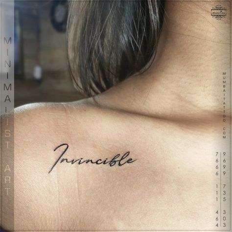 Invincible tattoo minimalist design small tattoo near collar bone done by big guys at Mumbai tattoo piercing shop Mumbai #9699735303 #mumbaitattoo #tattooshop #smalltattoo #tattoostudio #mumbaitattooshop #mumbaitattoostudio #tattooart #tattooz #invincible #invincibletattoo #collarbonetattoo #girl #girlswithtattoos #girlwithpower #mumbai #marinelines #metrocinema #sunlightbar #maohotel #brandfactory #besttattooartist #sister Tattoo Designs Collar Bone For Women, Collar Bone Tattoo Name Fonts, One Word Collar Bone Tattoo, Tattoo Designs For Collar Bone, Collar Bone Word Tattoos For Women, Word Tattoos Collar Bone, Invincible Tattoo Words, Invincible Tattoo Design, Tattoo Designs On Collar Bone