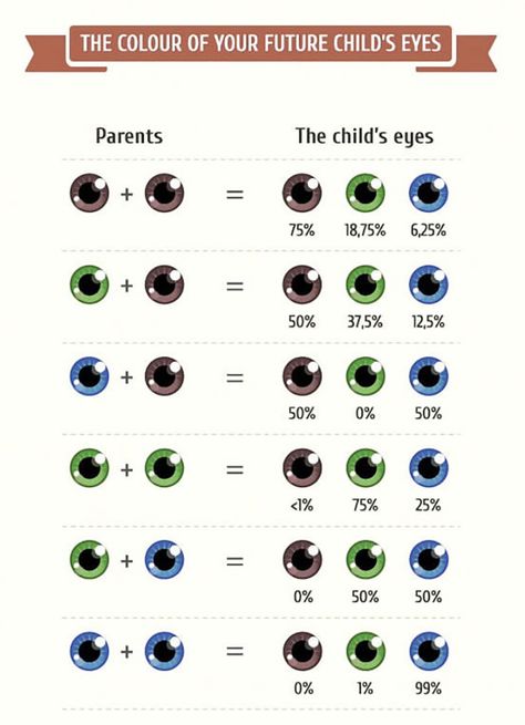 Having children is something that many couples dream of? Before the baby comes to the world, you may be eager to know what your kid will look like. It’s impossible to know for sure, but science can help you guess. The following inforgraphics can you a helpful primer on basic genetics.  So stop waiting and Useful Life Hacks, Eye Color Chart, Eye Facts, Baby Eyes, Makijaż Smokey Eye, Alam Semula Jadi, Writing Help, Future Kids, 그림 그리기