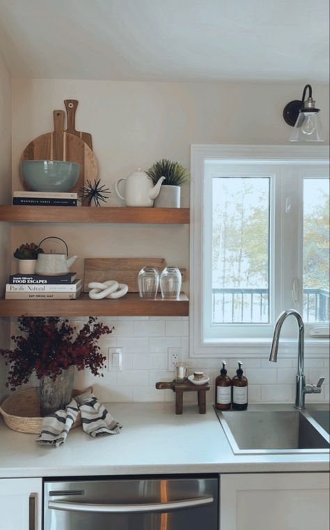 Add Open Shelving To Kitchen, Small Open Kitchen Shelves, Kitchen Shelf Decoration, 2 Floating Shelves Kitchen, Floating Shelf Styling Kitchen, Floating Shelves Around Kitchen Window, Open Shelving In The Kitchen Minimalist, Shelf’s In Kitchen, Simple Floating Shelf Decor Kitchen