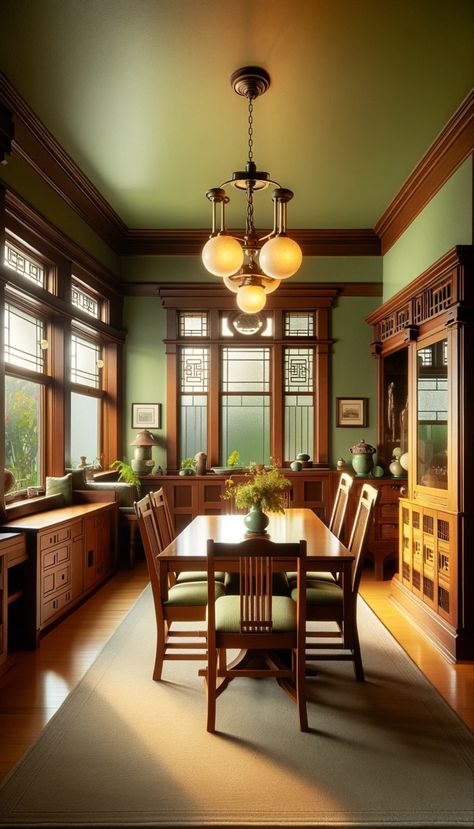 Cozy craftsman bungalow dining room with authentic Eastlake style furniture and soothing green walls, capturing the essence of traditional craftsmanship and design. This inviting space is perfectly lit with natural lighting, showcasing the detailed woodwork and the timeless elegance of the Eastlake aesthetic. Interior Design Craftsman Style, 1927 Home Interior, 1880 Interior Design, 1920s Bungalow Interior, Dining Room Design Craftsman, 1910 Craftsman Home, 1917 House Interiors, Arts And Crafts Movement Interior Design, 1900 Craftsman House Interior