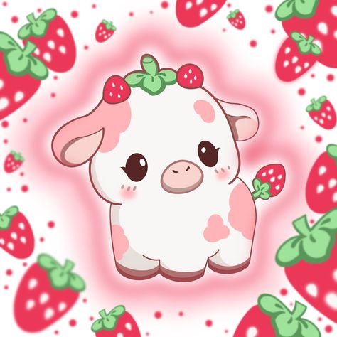 Strawberry Drawing Cute, Strawberry Cow Aesthetic, Strawberry Pfps, Strawberry Cow Tattoo, Pink Cow Wallpaper, Cow Strawberries, Strawberry Cow Painting, Strawberry Cow Wallpaper, Strawberry Cow Drawing