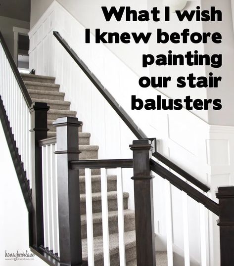 Black Painted Stairs, Painted Banister, Painted Stair Railings, Refinish Stairs, Banister Remodel, Stair Railing Makeover, Stairs Makeover Ideas, Stairs Renovation, Painted Staircases