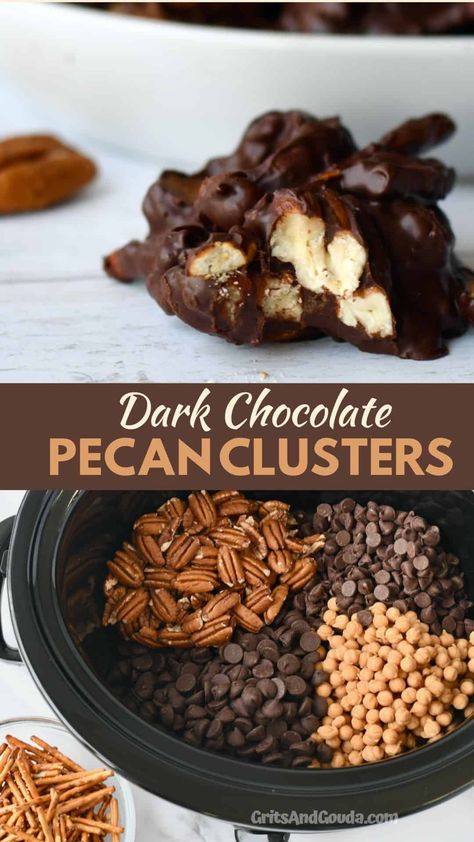 Chocolate Caramel Pecan Clusters Slow Cooker, Pecan Delights Candy, Chocolate Pecan Turtle Clusters Candy Recipes, Chocolate Pecan Candy Recipes, Chocolate Pecan Carmel Clusters, Chocolate Pecan Clusters Easy, Dark Chocolate Clusters, Chocolate Caramel And Pecan Turtle Clusters, Chocolate Pecan Turtle Clusters Easy