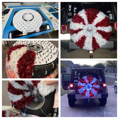 Christmas Decorations For Jeep Wrangler, Christmas Jeep Wrangler, Jeep Tire Christmas Wreath, Jeep Decorations For Christmas, Jeep Christmas Parade Ideas, Jeep Wrangler Christmas Decorations, Christmas Jeep Decorations, Decorate Jeep For Christmas, Jeep Christmas Decorations