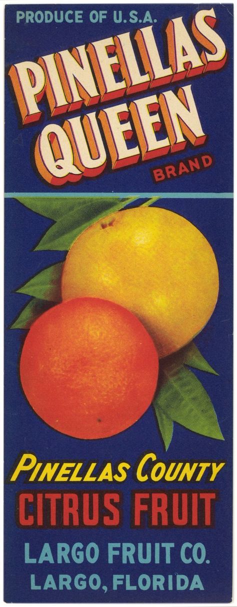 Florida Memory - Pinellas Queen Brand Citrus Label Orange Crate Labels, Vintage Fruit Crate Label, Vegetable Crate Labels, Fruit Company, Fruit Labels, Fruit Crate Label, Vegetable Crates, Vintage Crate, Apple Crates