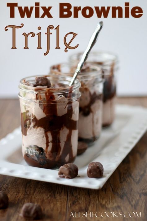 twix brownie trifle #EatMoreBites #CollectiveBias #ad Twix Brownies, Brownie Trifle, She Cooks, Mason Jar Desserts, Decadent Chocolate Desserts, Trifle Desserts, Trifle Recipe, Birthday Desserts, Easy No Bake Desserts