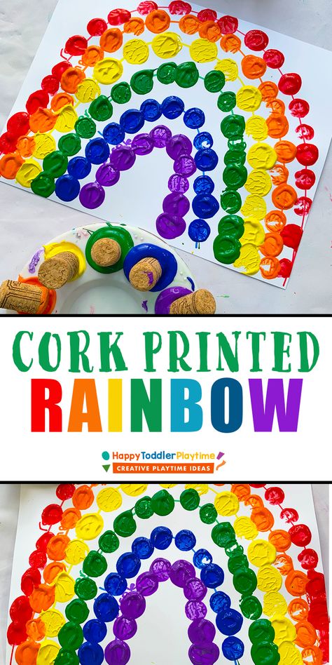 Easy Cork Printed Rainbow Craft - HAPPY TODDLER PLAYTIME Prek Crafts Easy Spring, Rainbow Painting Preschool, Prek Rainbow Crafts, Preschool Crafts Colors, Rainbow Crafts For One Year Olds, Rainbow Easy Craft, Rainbow Eyfs Activities, Rainbow Activities Preschool Printables, Rainbow Preschool Activities Free Printables