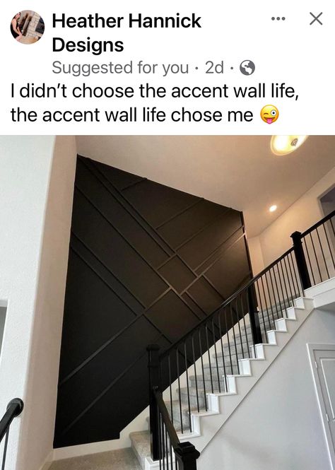 Black Staircase Ideas, Big Hallway Ideas, Accent Staircase Wall, Tall Staircase Wall Ideas, Stairway Accent Wall, Stairwell Accent Wall, Custom Wall Design, Stairway Walls, Black Staircase