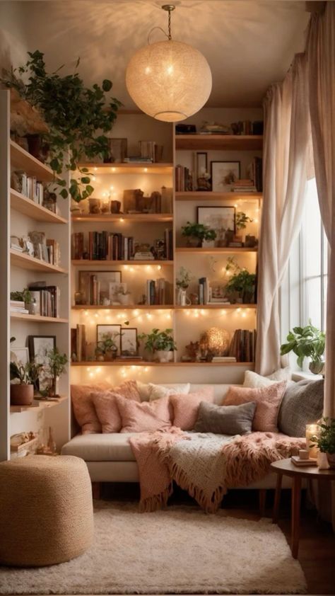 Library Bedroom Ideas Cozy, Reading Nook Bookshelf, Library Office Room Ideas Cozy, Cozy Multi Purpose Room, Reading Book Bedroom, Library Corner Bedroom, Book Space Ideas, Reading Nook In Office, Reading Room Inspiration