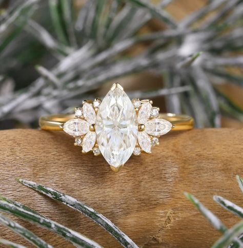 1.60 CT Marquise Cut Moissanite Cluster Engagement Ring Yellow Gold Plated Ring Gold Marquise Ring, Engagement Ring Yellow Gold, Marquise Cut Rings, Engagement Ring Yellow, Vintage Sapphire Ring, Pretty Engagement Rings, Shiny Rings, Future Engagement Rings, Yellow Engagement Rings