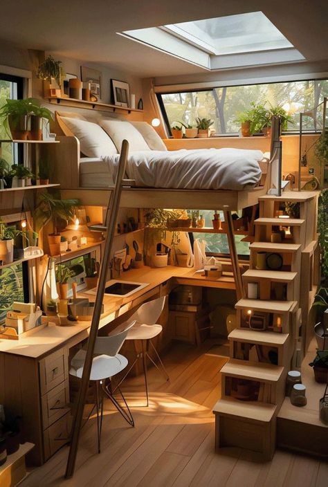 Smart Interior Ideas, Loft Bedroom Ideas For Small Rooms, Attic Loft Bedroom Ideas Sloped Ceiling, Tiny Home Designs Interiors, Space Saving Tiny House, Lofted Bed Ideas, Tiny House Bed Ideas, Loft Bed Bedroom, Ladder Bed