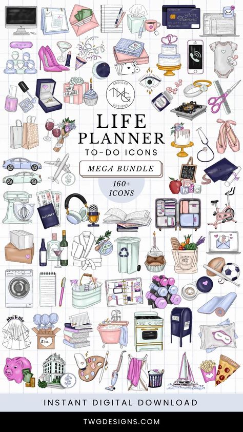 The ultimate bundle of to-do icons for your life planner! Includes over 100 icons in a variety of styles, so you can find the perfect ones to match your planner. Perfect for staying organized and productive.

Use these icons in your:

 BuJo
 Google Calendar
 Planner
 Bullet Journal
 Planner stickers
 Planner stamps
 And Medicine Stickers Free Printable, Planner Icon Aesthetic, Digital Planner Stickers Free Goodnotes, Planner Sticker Ideas, Twg Designs, Goodnote Stickers, Do Icons, Daily Planner Stickers, Life Planner Stickers