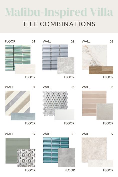 Have you thought about renovating your house? Here are some of our tile combinations for a Californian, Malibu Inspired Villa. The brightness, earthy-green subtle tones and luxury style can be achieved with these combinations. The tiles you choose will instantly define your space, so you want to understand your selections before finalising to ensure you achieve the look you're going for. Visit our website or follow us to see more tile combinations - become inspired! ✨ Bathroom Tile Minimalist, Best Tile Combination For Bathroom, Tile And Floor Combination, New Design Tiles, Bathroom Tiles Combinations Modern, Bathroom Tiles Layout, Tiles For Walls In Bedroom, Bathroom Tiles Mix And Match, Bathroom Porcelain Tile Combinations