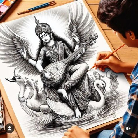 Saraswati Drawing Art, Maa Saraswati Drawing Sketch, God Pencil Sketch, Saraswati Sketch, Saraswati Devi Drawing, Maa Saraswati Drawing, Saraswati Drawing, Art Books For Kids, Cartoon Art Drawing