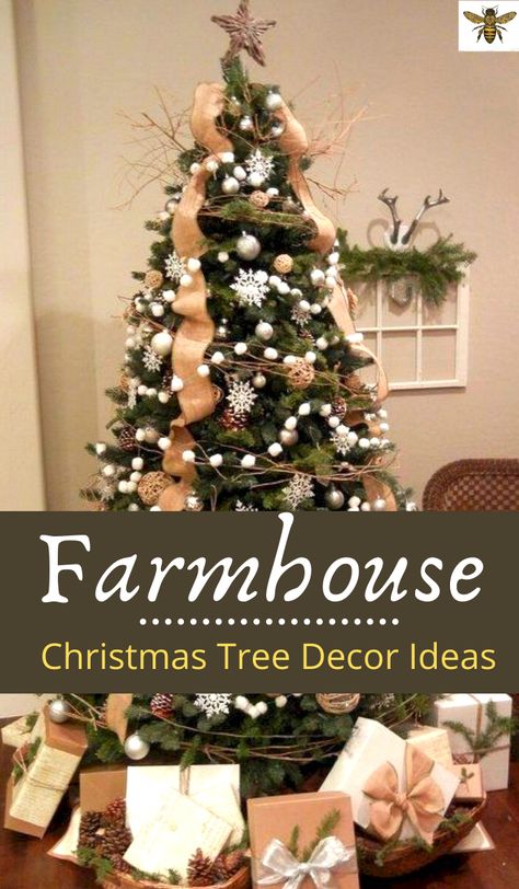 Diy Christmas Farmhouse Decorations, Country Farmhouse Christmas Trees, Farmhouse Christmas Tree Garland, Christmas Tree Base Ideas Diy Farmhouse, Farmhouse Decor Christmas Tree, Neutral Farmhouse Christmas Tree, Farmhouse Christmas Tree Toppers, Country Decorated Christmas Trees, Farmhouse Chic Christmas Tree