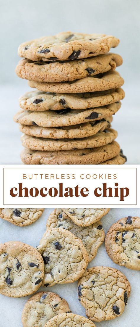 Cookie Recipes With Oil Instead Of Butter, Chocolate Chip Cookies With Less Butter, Butter Less Cookies, Homemade Cookies No Butter, Butter Less Chocolate Chip Cookies, No Butter Cookies Chocolate Chip, Light Chocolate Chip Cookies, Desserts Without Butter Or Oil, Chocolate Chip Cookies With Oil Instead Of Butter