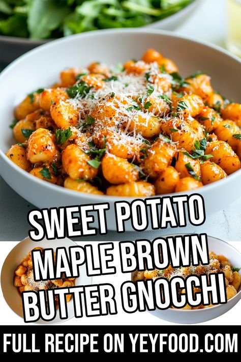 Sweet Potato Maple Brown Butter Gnocchi - Yeyfood.com: Recipes, cooking tips, and kitchen hacks for home cooks of all levels Sweet Potato Brown Butter Gnocchi, Sweet Potato Gnocchi Recipe Sauces, Sweet Potatoes Gnocchi, Vegan Sweet Potato Gnocchi Recipe, Thanksgiving Gnocchi, Fall Gnocchi Recipes, Sweet Potato Gnocchi Soup, Sweet Potato Gnocchi Sauce, Sweet Potato Butter Recipe