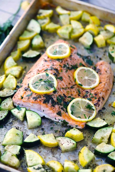 Sheet Pan Salmon And Veggies, Dinner Zucchini, Salmon And Veggies, Sheet Pan Salmon, Oven Salmon, Pan Salmon, Easy Sheet Pan Dinners, Baked Squash, Easy Summer Dinners