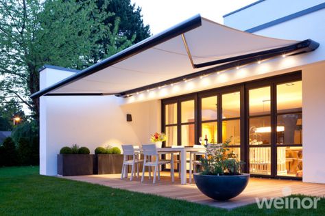 Retractable Patio Awnings for the Home - Full, Semi & Open Cassette Awning Backyard, Diy Awning, House Awnings, Garden Awning, Backyard Shade, Retractable Pergola, Outdoor Awnings, Wooden Patios, Cheap Patio