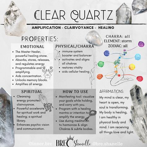 Everything you need to know about Clear Quartz. #clearquartz #clearquartzproperties #crystals #crystalmeaning #quartzmeaning #crystalinfo #affirmations Clear Quartz Crystal Affirmation, Clear Quartz Crystal How To Use, Crystals For Clarity And Truth, Clear Quartz Witchcraft, Clear Stones Crystal Healing, Clear Quartz Healing Properties, Crystals Clear Quartz, Clear Crystals Meaning, Clear Quartz Meaning Crystal Healing