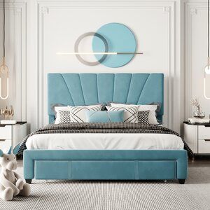 Everly Quinn Queen Size Storage Bed Velvet Upholstered Platform Bed With A Big Drawer - Blue | Wayfair Queen Size Storage Bed, Queen Platform Bed Frame, Platform Bed With Drawers, Upholstered Storage Bed, Bed Storage Drawers, Platform Bed With Storage, Queen Platform Bed, Queen Bed Frame, Wood Platform Bed