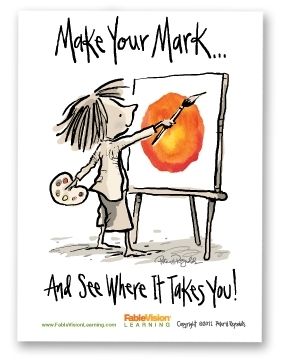 Proudly display this poster featuring an original illustration by Peter H. Reynolds: Vashti and The Dot. Vashti stars in Peter's book The Dot, the story of a caring teacher who dares her student to "make her mark." We urge you to share Peter's message about the importance of nurturing creativity with this beautiful poster! 18"x24" size available for $9.95. A larger size is also available. © 2011 Peter H. Reynolds Peter Reynolds, The Dot Book, Art Room Posters, Art Bulletin Boards, International Dot Day, Dot Day, Author Studies, The Dot, Book Tshirts