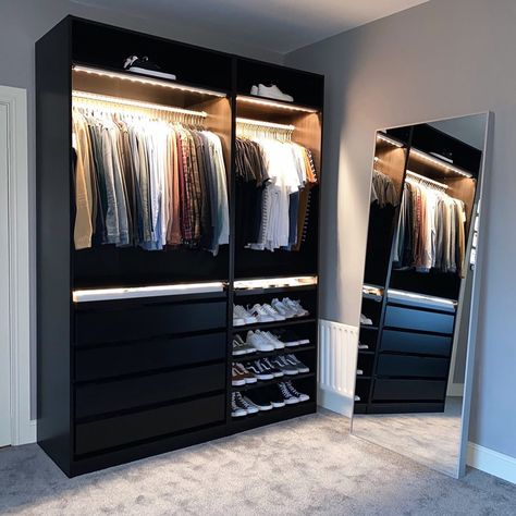 Ikea Pax Men, Black Pax Wardrobe, Mens Wardrobe Design, Bedroom Design For Men, Teenager Bedroom Design, Man Bedroom, Mens Room Decor, Men's Closet, Mens Bedroom Decor