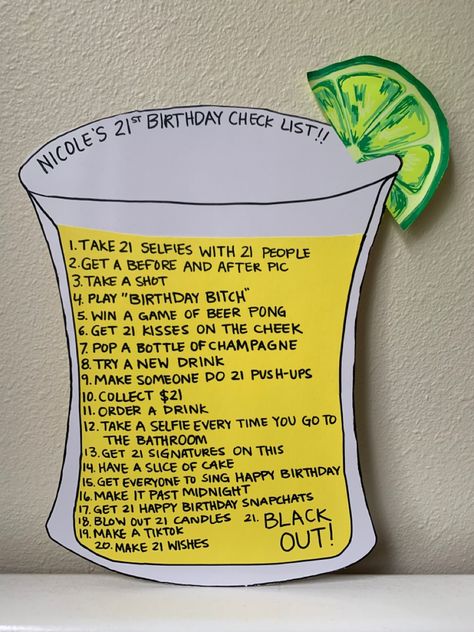 Birthday Checklist 21, 21st Birthday Preparation Checklist, 21st Birthday To Do List, 21st Birthday Checklist Ideas, What To Do For Your 21st Birthday, 21st Birthday Bar Crawl Sign, 21s Birthday Ideas, 21 Birthday Game Ideas, Sign Night 21st Birthday List