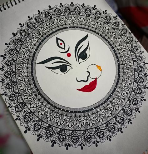 Easy God Mandala Art, Ambe Maa Drawing, Navratri Special Mandala Art, Durga Puja Mandala Art, God And Goddess Drawing, Durga Maa Doodle Art, Ma Durga Drawing Easy, Devi Mandala Art, Mataji Drawing