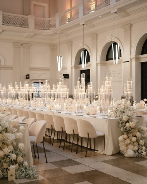 Still swooning over Bella & Steven’s reception at Post ✨ Champagne Wedding Reception Decor, Wedding Reception White Chairs, Runway Seating Wedding, High Centerpiece Wedding, Wedding Ceremony Aisle Flowers, Heaven Wedding, White Engagement Party, Seating Wedding, Candle Designs