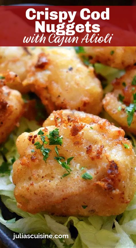 Crispy Cod Nuggets with Cajun Alioli Cod Nuggets, Cod Bites, Cod Fillet Recipes, Fried Cod Fish, Crispy Cod, Fish Dishes Recipes, Seafood Sandwiches, Cod Fish Recipes, Seafood Dish Recipes