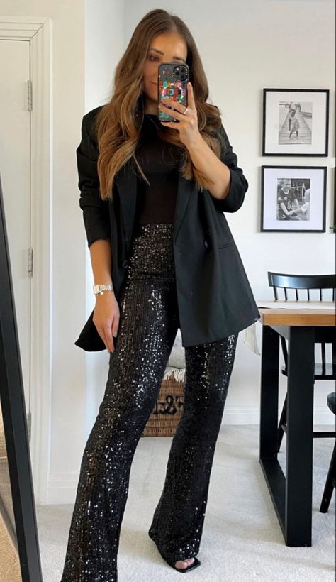 Sequin Pants Women, Sequin Flares Outfit, Black Sparkly Trousers Outfit, 40th Birthday Party Dress For Women, Sequence Pants Outfit Holiday Parties, Black Pants Outfit Party Night Out, Black Shimmer Pants Outfit, Sparkle Trousers Outfit, Black Sequence Pants Outfits