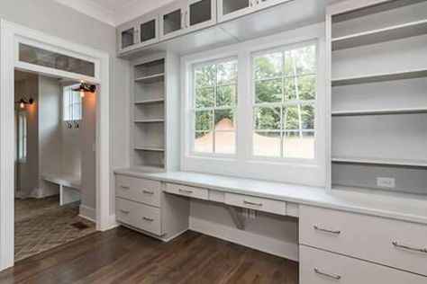 Built-in Storage, Bookshelf, Desk with Window Bedroom Desk Organization, Window Desk, Floor To Ceiling Cabinets, Office Built Ins, Guest Room Office, Bookshelf Desk, Bedroom Desk, Farmhouse Ideas, Durham Nc