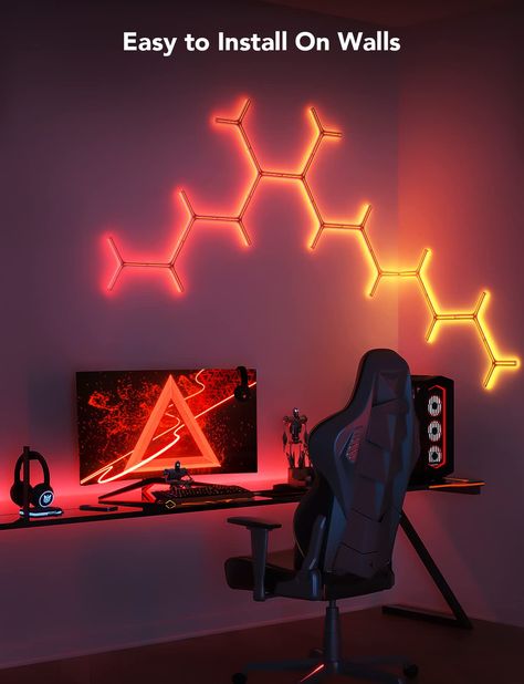 Pc Gaming Room Decor, Gaming Room Wall Panels, Game Room Led Lights, Light Panels Wall, Govee Lights Ideas, Cool Led Lights For Bedroom, Gaming Room Lights, Govee Led Light Ideas, Led Gaming Room