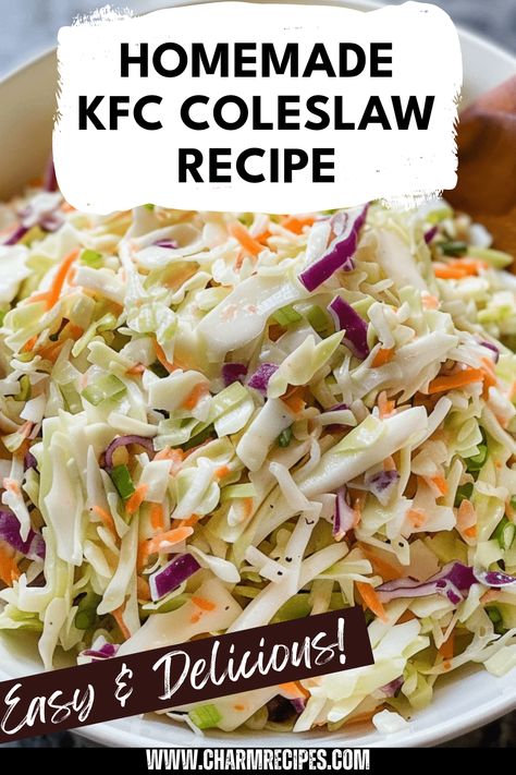 Discover how to recreate KFC coleslaw at home with this straightforward recipe. This delectable side dish brings a refreshing crunch to your plate, making it a perfect complement to pizza, fried chicken, or pulled pork. Using fresh ingredients like crisp cabbage and shredded carrots, along with a tangy dressing, you’ll achieve a creamy and flavorful coleslaw just like KFC. Easy to prepare, this coleslaw enhances meals and adds a zesty flair. Ideal for barbecues, family gatherings, or cozy dinners at home. Cole Slaw Kfc, Coleslaw Kfc Copycat Slaw Recipes, Kfc Vegetable Salad, Easy Homemade Coleslaw, Coleslaw Recipe For Chicken Sandwich, Quick And Easy Coleslaw Recipe, Kfc Copycat Coleslaw, Kfc Slaw Recipe, Easy Coleslaw Recipe For Pulled Pork