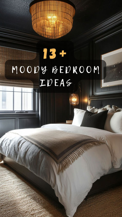 Ready for a bedroom makeover? Click to discover 13 moody bedroom ideas that will transform your space into a stylish sanctuary. 🌑🛏️ #BedroomMakeover #MoodyInteriors #HomeStyle #DecorTips #StylishSleep Classic Moody Bedroom, Decadent Bedroom Ideas, Black Contrast Wall Bedroom, Moody Black And Green Bedroom, Luxury Bedroom Ideas Classy, Dark Ceilings Bedroom, Bedroom Color Schemes Dark Wood, Moody Bedroom Side Tables, Bedroom With Curved Ceiling