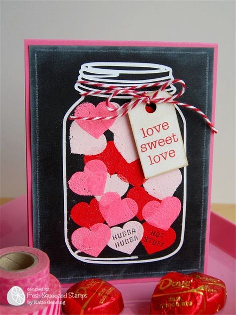 T Valentines Day Cards Handmade, Mason Jar Cards, Jar Of Hearts, Diy Valentines Cards, Birthday Card Craft, Valentine Cards Handmade, Hubba Hubba, Conversation Hearts, Embossing Powder