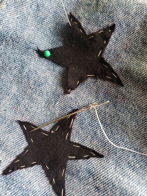 Star Patched Jeans, Sew Stars On Jeans, How To Sew A Star On Jeans, Star Patches On Jeans, Embroidered Jeans Stars, How To Sew Stars On Jeans, Things To Sew On Jeans, Star Pants Diy, Sewing Stars On Jeans