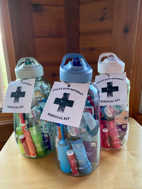 Survival Kit In A Water Bottle, 21st Hangover Kit, Cruise Survival Kit Gift Ideas, Birthday Goodie Bags Ideas For Adults, Adult Goodie Bags, Goodie Bag Gift Ideas, Goodie Bag Ideas For Adults, Wedding Guest Gift Bag, Hangover Survival Kit