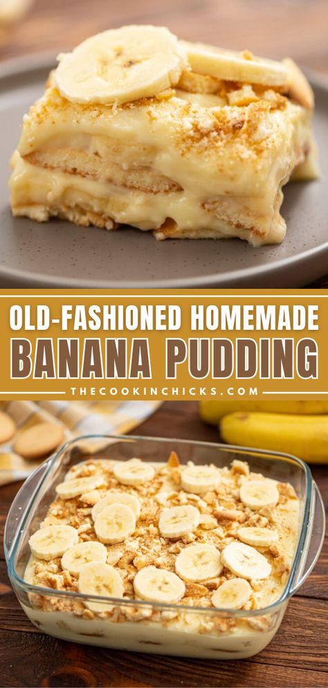 Old-Fashioned Homemade Banana Pudding from scratch is a quick and easy dessert. Rich and creamy vanilla pudding, combined with layers of crunchy vanilla wafers and perfectly ripe bananas. Easy to assemble and packed with flavor, this is a favorite at any gathering, potluck, picnic, or Holiday! Banana Cake Recipe Moist, Pudding Recipes Homemade, Cookies Banana, Cake Recipe Moist, Banana Pudding Desserts, The Cookin Chicks, Recipes Banana, Homemade Banana Pudding, Banana Dessert Recipes