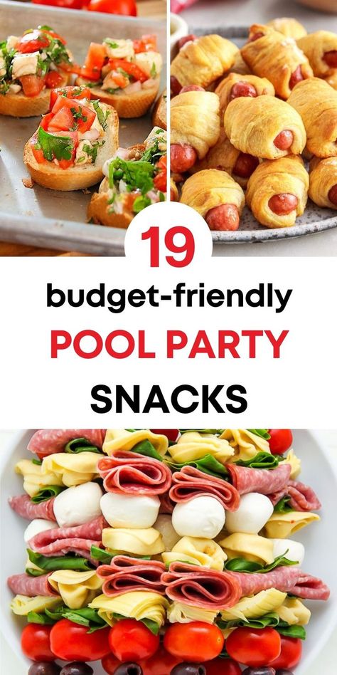 text: "19 budget-friendly pool party snacks" and three photos of pool party snacks: pigs in a blanket, bruschetta, antipasto skewers Easy Apps For Pool Party, Easy Pool Party Snacks, Pool Party Snacks Appetizers, Best Pool Snacks, Pool Party Finger Food Ideas, Pool Party Lunch Ideas, Pool Party Menu Ideas, Food For Pool Party, Pool Food Ideas