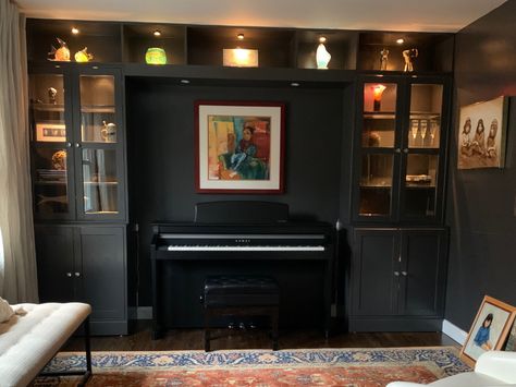 Music room- What color for the built-ins? Living Room Built Ins With Piano, Piano Cabinet Built Ins, Built In With Piano, Piano With Built Ins, Stereo System Living Room, Piano Cabinet Design, Piano In Bookcase, Tv Over Piano Living Rooms, Bookshelves Around Piano