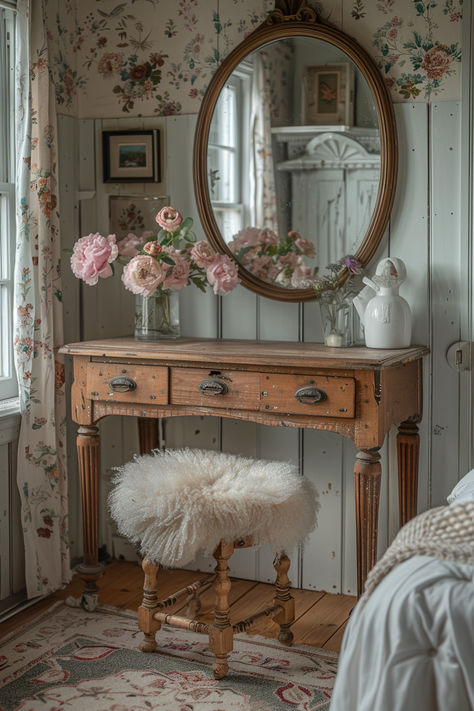 vintage farmhouse bedroom, neutral bedroom, vintage bedroom, farmhouse bedroom, bedroom inspo Bedroom Pillar Decor, Antique Ideas For Home, Vintage House Interior Aesthetic, Vintage French Bedding, Pink Shabby Chic Bedroom French, Cozy Antique Home Decor, Old Fashioned Room Ideas, Vintage Teen Girl Bedroom, Old Fashion Home Decor