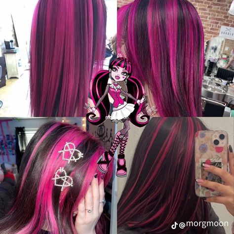 Cute Hair Dye Inspiration, Pink And Black Streaks Hair, Black Hair Colorful Highlights, Pretty Hair Dye Colors, Pink Hair Black Streaks, Black Hair With Pink And Purple Streaks, Pink And Black Skunk Stripe Hair, Pink Chunky Highlights In Black Hair, Bright Red Pink Hair