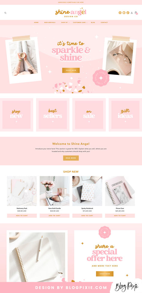 Pink gold Shopify theme template with pretty store banners and theme file for Shopify 2.0 Canva Page Design, Cute Shopify Website, Aesthetic Shopify Website, Shopify Theme Design, Boutique Website Design Inspiration, Shopify Website Design Templates, Pastel Website Design, Shopify Store Design, Girly Website Design