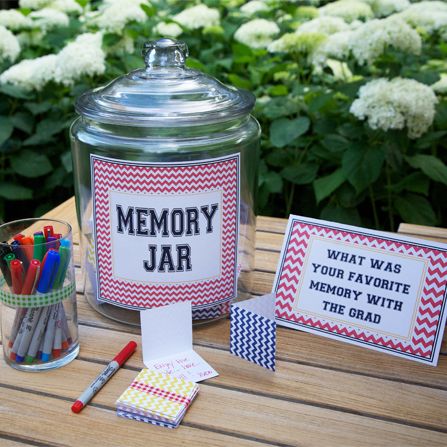 What's your favorite memory with (or of) the grad? Memory jar High School Graduation Party Decorations, Senior Graduation Party, Graduation Party High, Graduation Open Houses, Graduation Party Diy, Memory Jar, Graduation Party Planning, College Graduation Parties, Grad Party Decorations