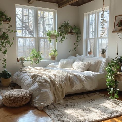 White Room Plant Aesthetic, White Cozy Room Aesthetic, Soft Natural Bedroom, White Cozy Bedroom Ideas, Bedroom Inspo White Furniture, White Plant Room, Minimalist Plant Bedroom, Bed Aesthetic White, White Room With Plants