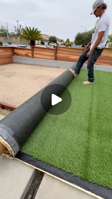 How To Install Fake Grass Artificial Turf, Astroturf Play Area, Grass And Concrete Backyard, Turf Installation Diy, Turf Over Concrete, Small Turf Backyard, Installing Turf Lawn, How To Install Turf Backyard, Outdoor Turf Ideas